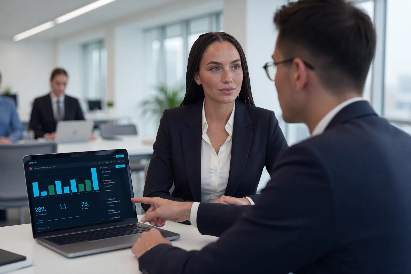 Consulente AI mostra a un imprenditore l'analisi gratuita del sito su un laptop