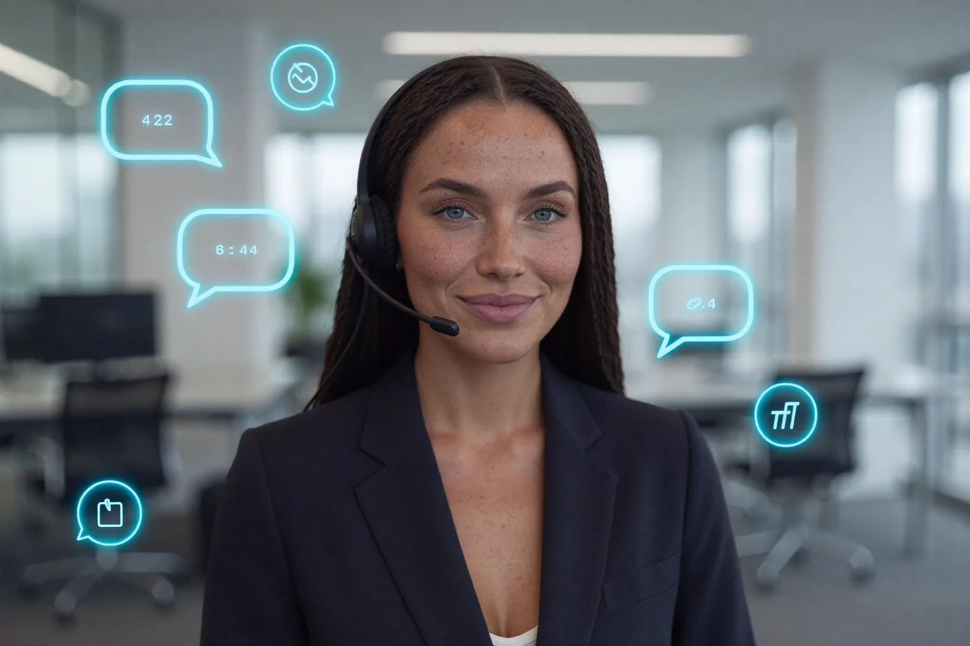 Assistente AI con cuffie che risponde ai clienti 24/7 in un ufficio moderno