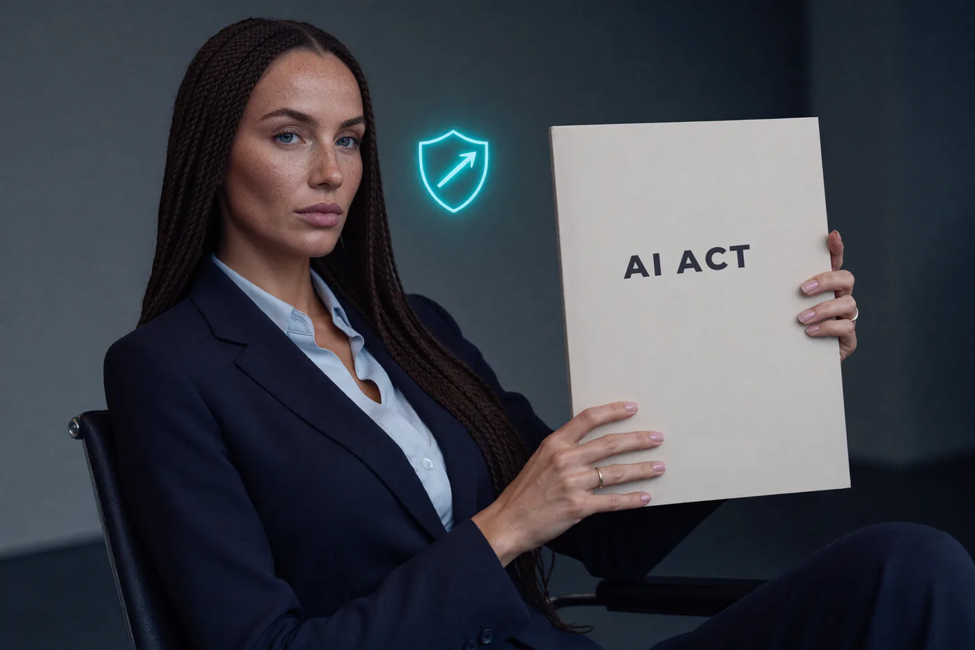 Professionista con documenti e scudo di sicurezza: compliance all'AI Act