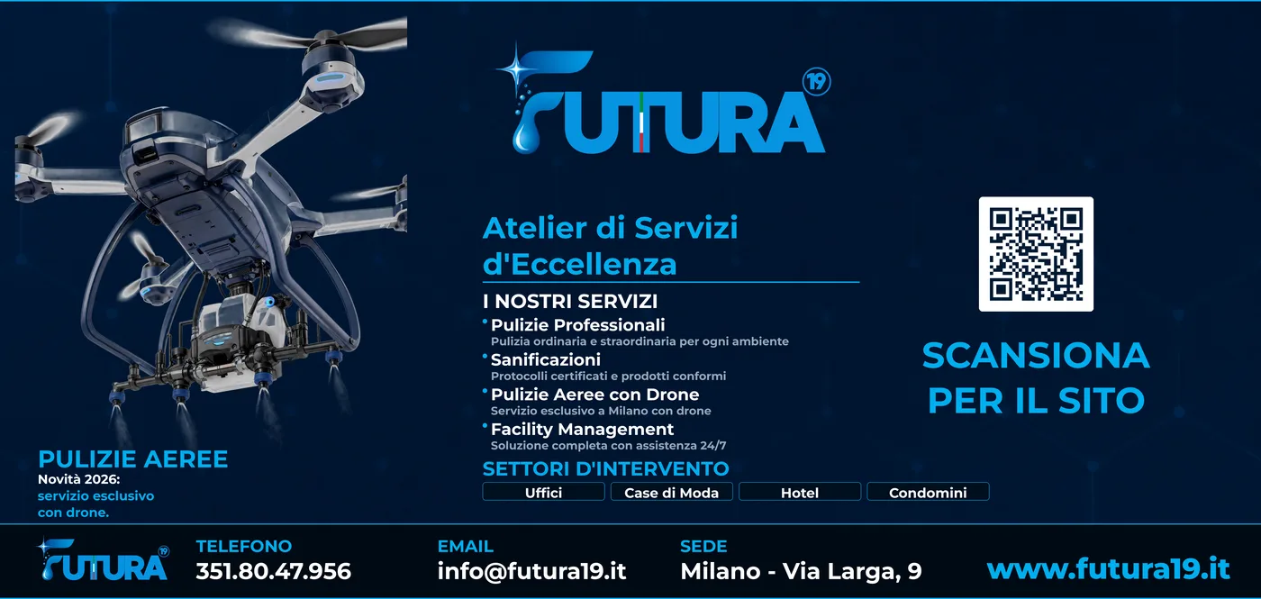 Cartellone pubblicitario Futura19 con pulizie aeree con drone