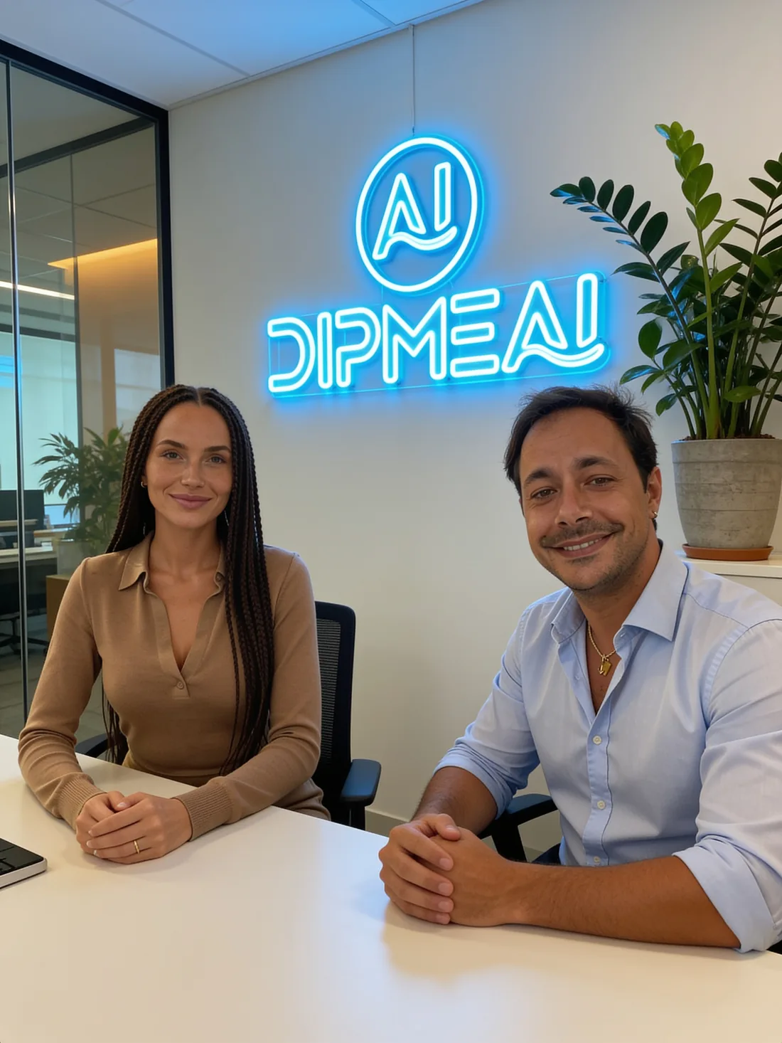 Alessandro Imeri, co-fondatore di DIPMEAI, insieme ad Aibay, l'agente marketing AI dello studio, nell'ufficio DIPMEAI con l'insegna al neon